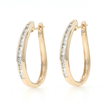 Yellow Gold Diamond Hoop Earrings - 14k Rd & Baguette .50ctw Channel Set Pierced
