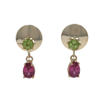 Yellow Gold Peridot Rhodolite Garnet Dangle Earrings - 14k Round 1.32ctw Pierced