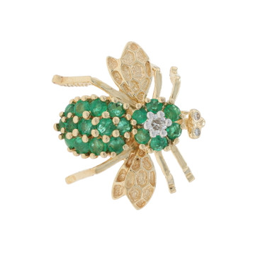 Yellow Gold Emerald Diamond Vintage Fly Brooch/Pendant 14k Rd .81ctw Insect Pin