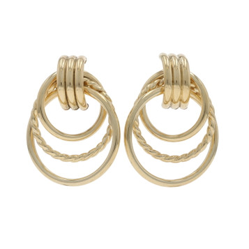 Yellow Gold Triple Circle Drop Earrings - 10k Rope Twist Door Knocker Pierced