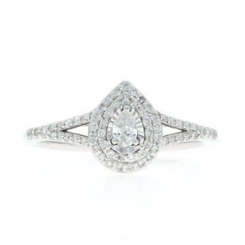 White Gold Diamond Double Halo Engagement Ring - 10k Pear & Single .33ctw