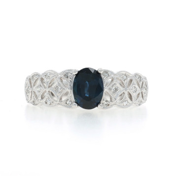 White Gold Sapphire Diamond Ring - 14k Oval 1.30ctw Floral