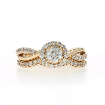 Yellow Gold Diamond Halo Engagement Ring & Wedding Band - 14k Round .95ctw