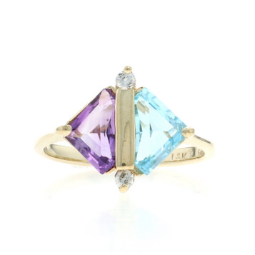 Yellow Gold Amethyst Swiss Blue Topaz Diamond Ring 14k Triangle .75ctw Two-Stone