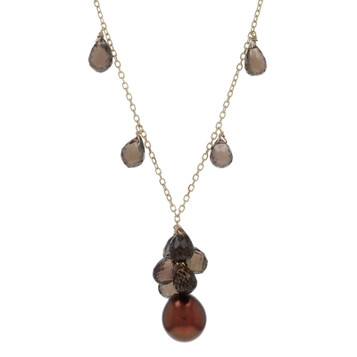 Yellow Gold Pearl Smoky Quartz Dangle Necklace 17" - 14k Bead 12.00ctw Treated