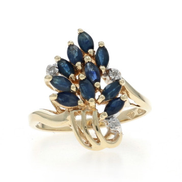 Yellow Gold Sapphire Diamond Cluster Cocktail Bypass Ring - 10k Marquise .83ctw