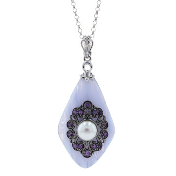 Carlo Viani Pearl Amethyst Lacy Agate Halo Necklace Sterling 925 .70ctw Adjust