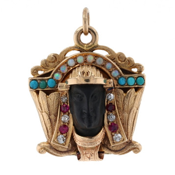 Pharaoh's Bust Pendant - 14k Gold Converted Antique Masonic Shriners Medal Opals