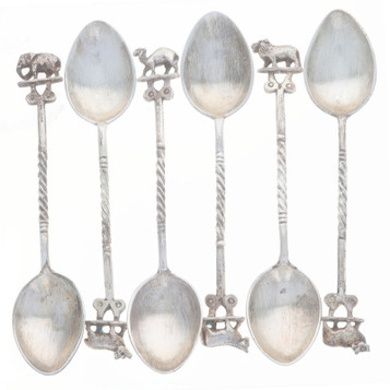 Jagat Narain & Sons Wild Animal Set of 6 Demitasse Spoons 4 1/4" Sterling 925