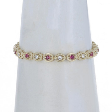 Yellow Gold Ruby & Diamond Tennis Link Bracelet 6 1/4" -14k Rnd 2.02ctw Milgrain