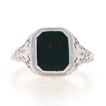 White Gold Bloodstone Art Deco Solitaire Ring - 14k Rectangle Vintage Filigree