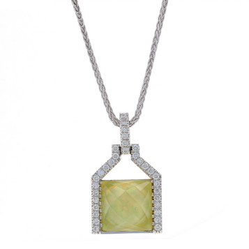 White Gold Lemon Quartz over MOP Diamond Necklace 16" - 18k Square Rose .32ctw
