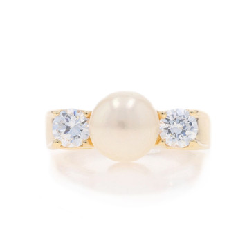 Yellow Gold Cultured Pearl & Cubic Zirconia Ring - 14k 1.00ctw