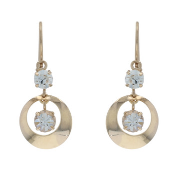 Yellow Gold Rhinestone Vintage Circle Dangle Earrings - 10k Pierced
