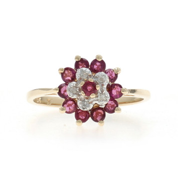 Yellow Gold Ruby Diamond Cluster Halo Ring - 10k Round .49ctw Floral