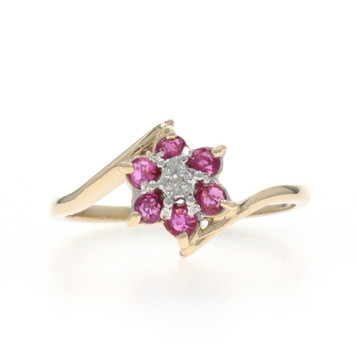 Yellow Gold Ruby Diamond Halo Bypass Ring - 10k Round .31ctw Floral