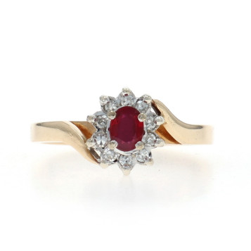 Yellow Gold Ruby Diamond Halo Bypass Ring - 9k Oval .28ctw Floral