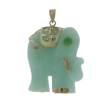Yellow Gold Jadeite Emerald Elephant Pendant - 14k Carved Long Life