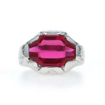 White Gold Lab-Created Ruby Men's Ring - 14k Solitaire Size 7