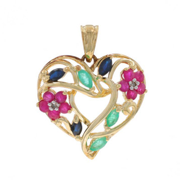 Yellow Gold Ruby Emerald Sapphire Heart Pendant - 10k Round .88ctw Love Wreath