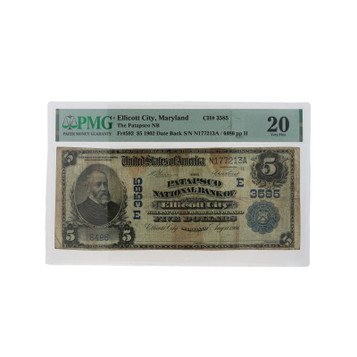 1902 $5 Fr#590 Date Back PMG VF 20 Patapsco Ntl Bank of Ellicot City Paper Note