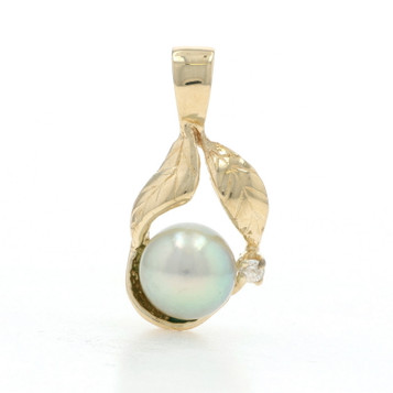 Yellow Gold Cultured Pearl Diamond Pendant - 14k Leaf Duo