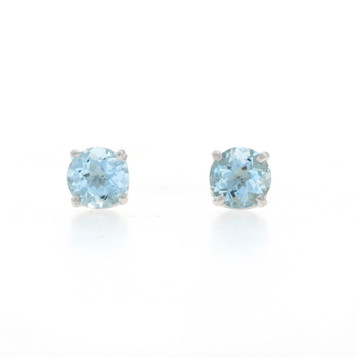 White Gold Aquamarine Stud Earrings - 10k Round 1.20ctw Pierced