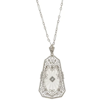 White Gold Diamond Rock Crystal Art Deco Necklace 16 3/4" - 10k Floral Vintage
