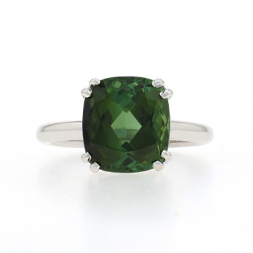 White Gold Tourmaline Cocktail Solitaire Ring - 14k Cushion 5.70ct
