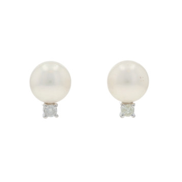 White Gold Pearl Diamond Stud Earrings - 14k .10ctw Pierced