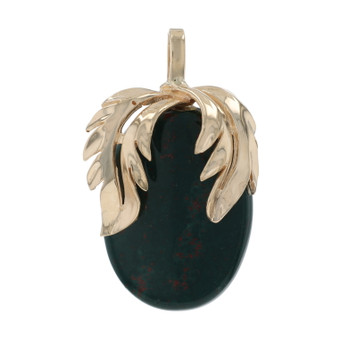 Yellow Gold Bloodstone Botanical Solitaire Pendant - 14k Oval Cabochon Leaves