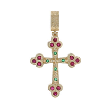 Yellow Gold Ruby Emerald Budded Cross Pendant - 14k Round .72ctw Faith