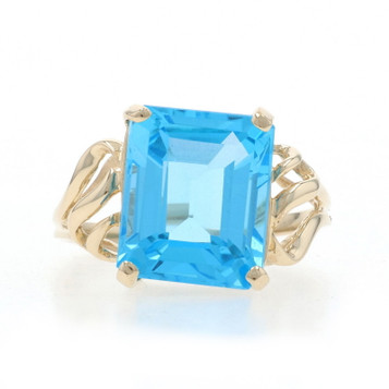 Yellow Gold Swiss Blue Topaz Cocktail Solitaire Ring - 10k Emerald 6.73ct