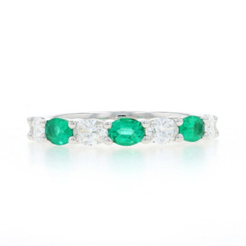 White Gold Emerald Diamond Band - 18k Oval .99ctw Ring