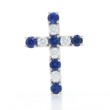 White Gold Sapphire Diamond Cross Pendant - 18k Round .67ctw Faith