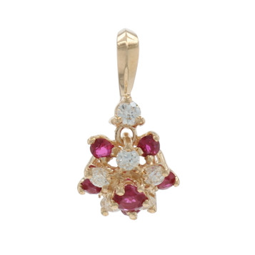Yellow Gold Ruby Diamond Cluster Pendant - 14k Round .52ctw Floral