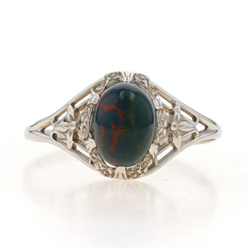 White Gold Bloodstone Art Deco Solitaire Ring -10k Oval Cabochon Flowers Vintage