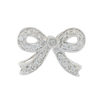 White Gold Diamond Bow Slide Pendant - 14k Round Brilliant .15ctw Tied Ribbon