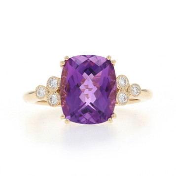 Yellow Gold Amethyst Diamond Ring - 14k Cushion Checkerboard 4.11ctw