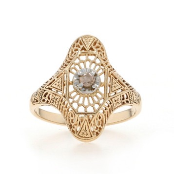 Yellow Gold Diamond Solitaire Ring - 14k Round .10ct Floral Filigree