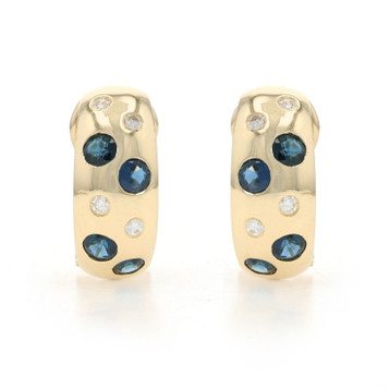 Yellow Gold Sapphire Diamond J-Hoop Earrings - 18k Round 2.60ctw Pierced