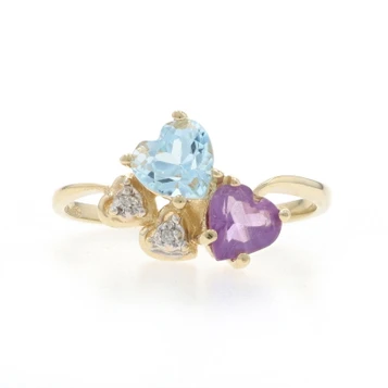 Yellow Gold Amethyst Sky Blue Topaz Diamond Hearts Ring - 10k Heart 1.01ctw Love