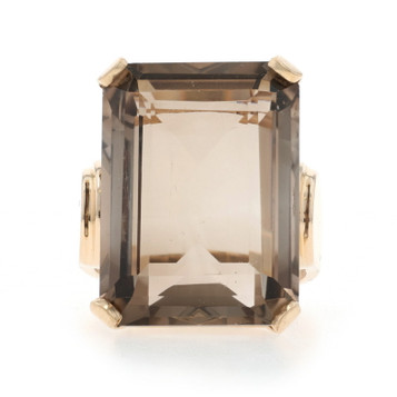 Yellow Gold Smoky Quartz Cocktail Cocktail Solitaire Ring - 14k Emerald 27.20ct