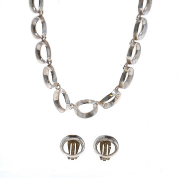 Sterling Silver Circle Link Stud Earrings & Necklace Set 16" 925 Clip-Ons