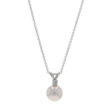 White Gold Akoya Pearl Diamond Pendant Necklace 18" 14k