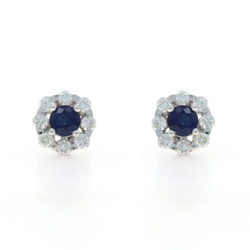 White Gold Sapphire Diamond Halo Stud Earrings - 14k Round 1.26ctw Pierced
