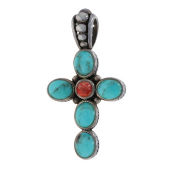 Barse Coral Turquoise Cross Pendant - Sterling Silver 925 Round Cabochon Faith