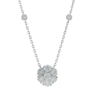 White Gold Diamond Cluster Halo Necklace 17 3/4" - 14k Round 1.82ctw Floral