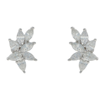 White Gold Diamond Cluster Stud Earrings 18k Marquise 1.96ctw Leaf Spray Pierced