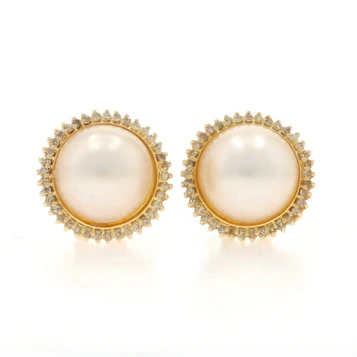 Yellow Gold Cultured Mabe Pearl Diamond Halo Stud Earrings 14k Rd .72ctw Pierced